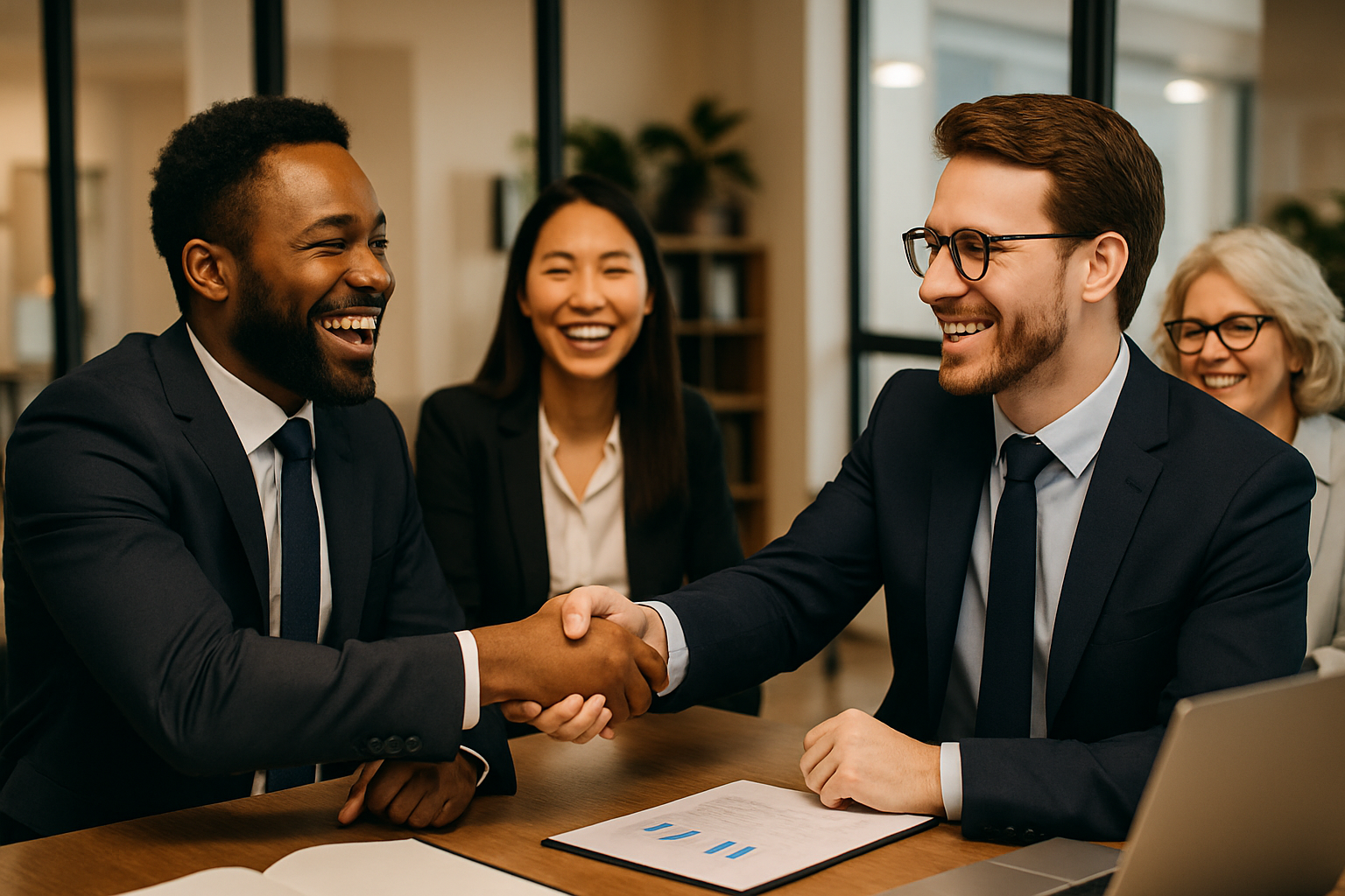 Image of a meeting or handshake, symbolizing partnership and collaboration, multiple people have a joy conversation