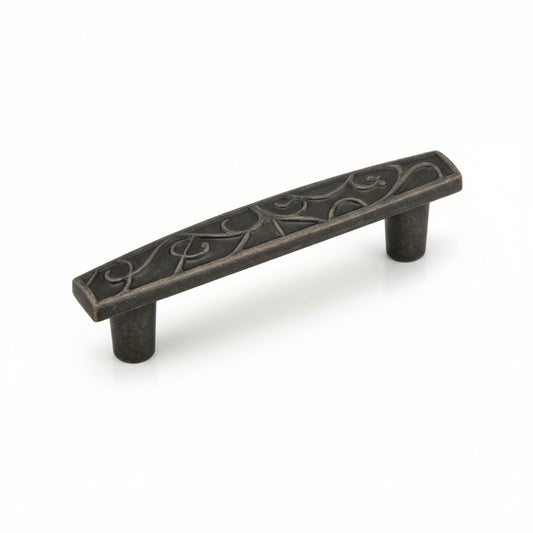 Silverline H2129 - A weathered nickel finish cabinet pull handle featuring an ornate floral design, suitable for use on wardrobes, cabinets, and drawers.
