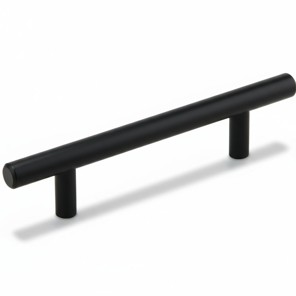A matte black T bar pull cabinet handle.