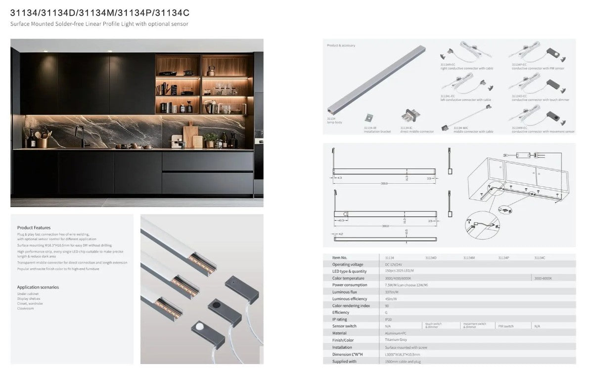 Surface Mount LED Light Strip | 10 Feet Solder-Free Cuttable Cabinet Lighting | Titanium Grey