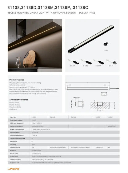 Recess Mount LED Light Strip | 10 Feet Solder-Free Cuttable Cabinet Lighting | Titanium Grey
