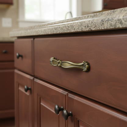 Silverline P2008 | Centers 3 in. Ornate Elegant Vintage Cabinet Pull in Burnished Brass