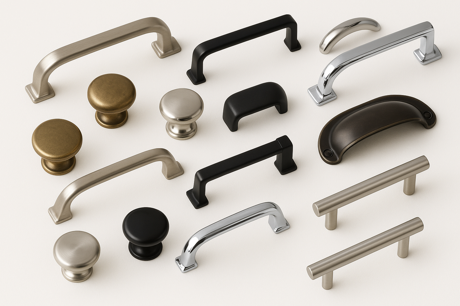 photo of multiple cabinet pulls, cabinet knobs, and functional cabinet hardware arranged neatly
