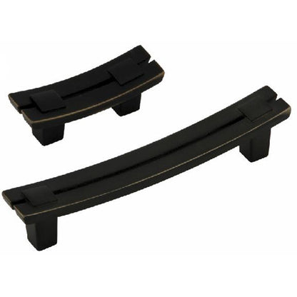 Two twin pull contemporary cabinet bar pull handles in bronze finish.