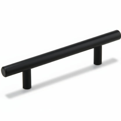 A matte black T bar pull cabinet handle.